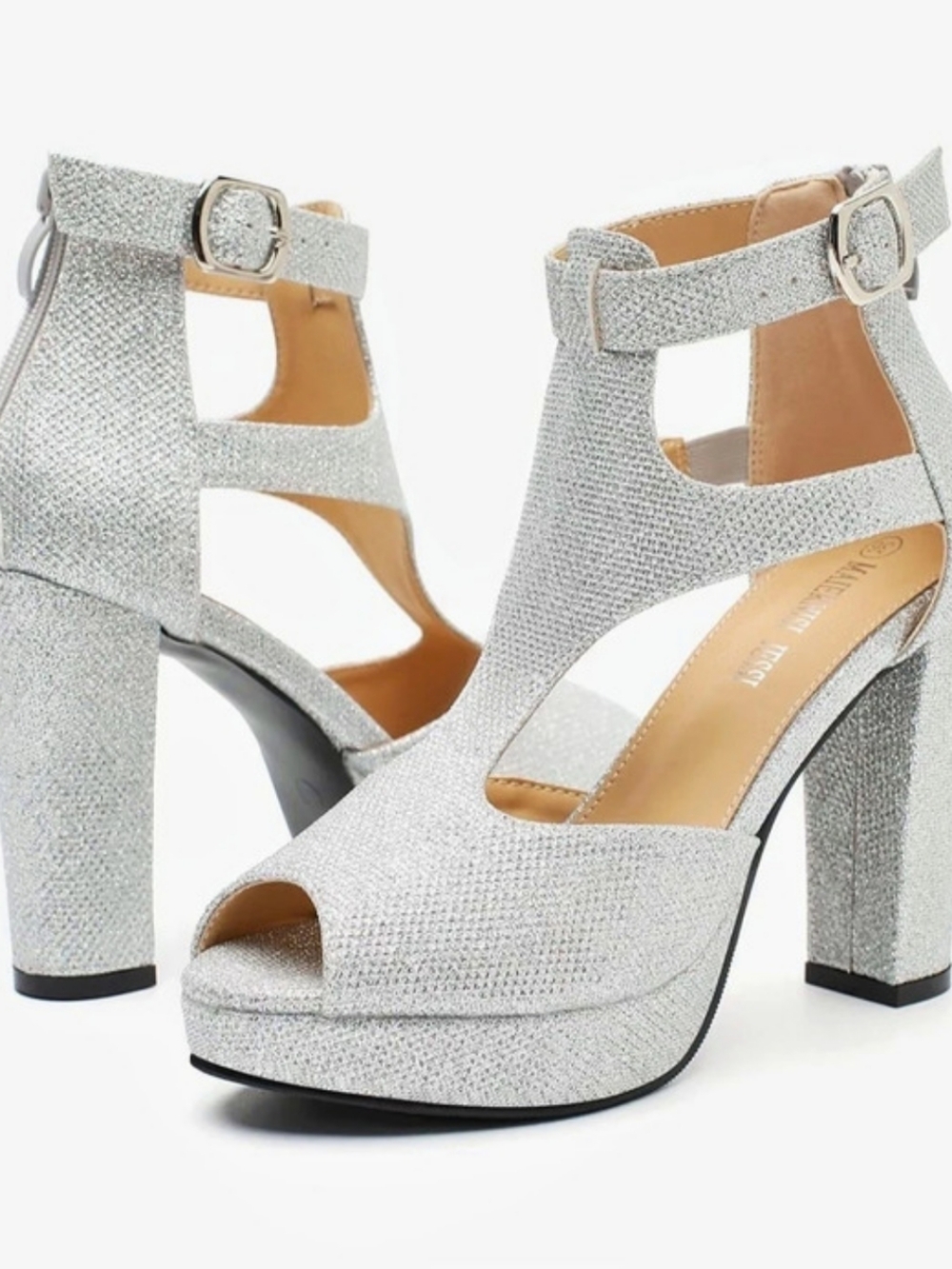 Women's Glitter Ankle Strap Chunky Heel Sandals Silver Size 12.5